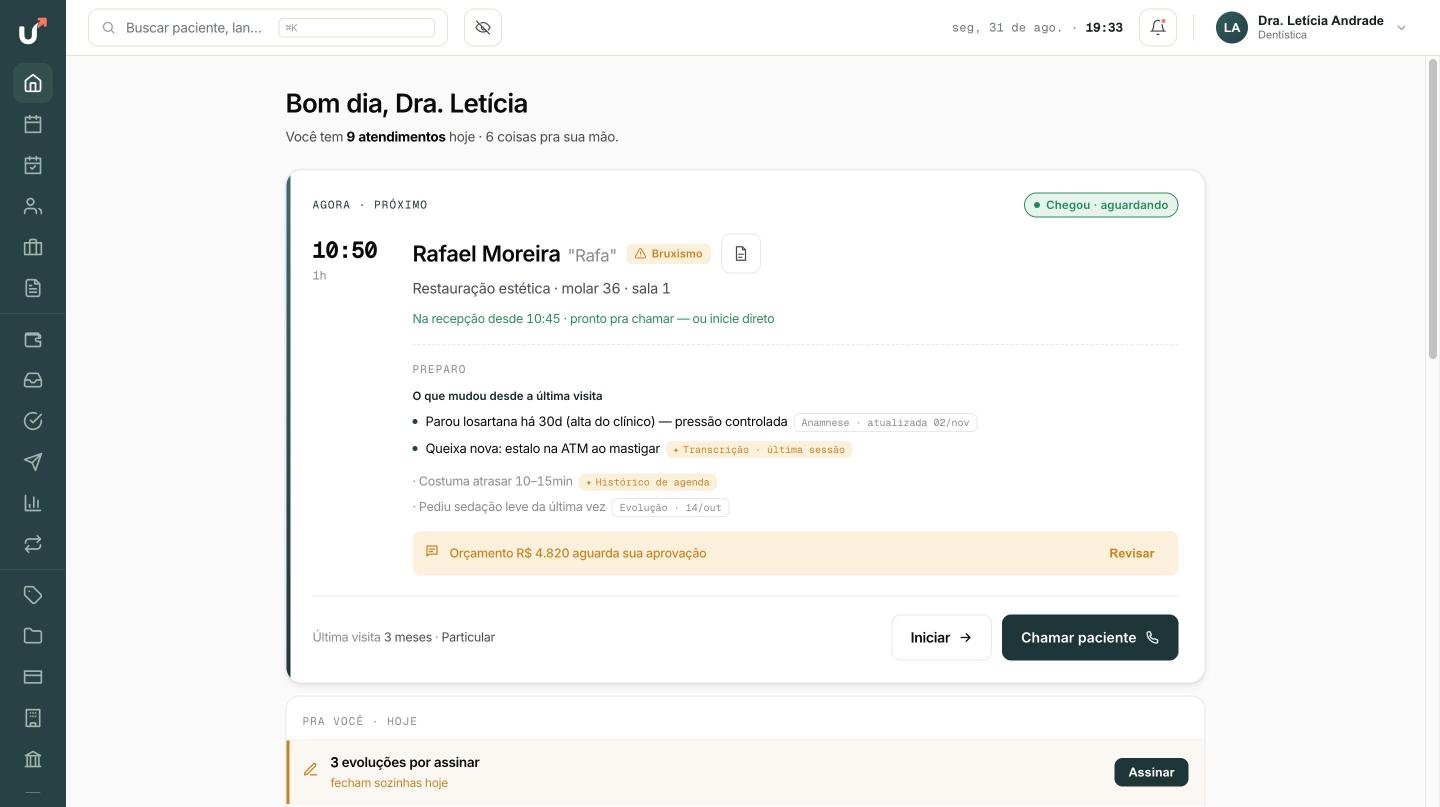 Tela inicial do profissional, com a agenda do dia e as pendências.
